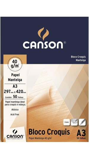 BLOCO DESENHO A3 297X420MM CROQUIS PAPEL MANTEIGA 40G 50FLS CREME CANSON