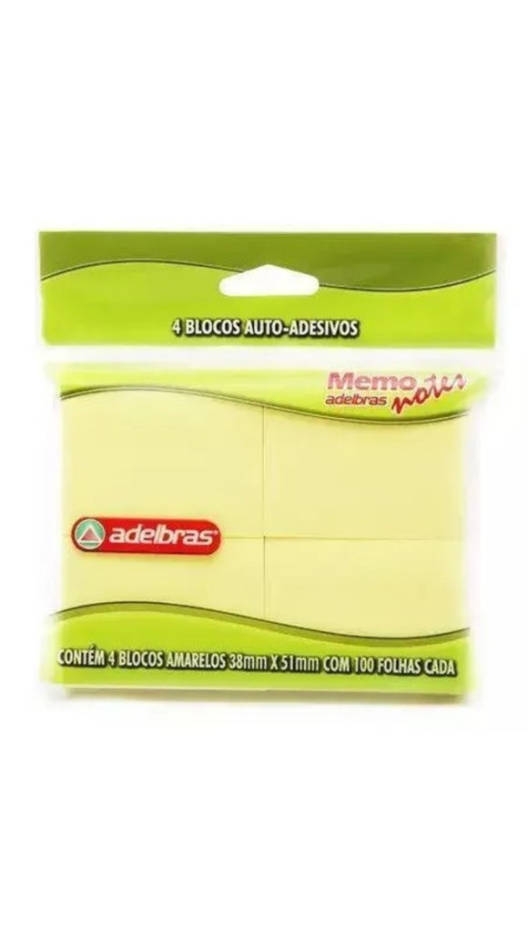 BLOCO RECADO MEMO NOTE 38X51 AMARELO C/04 BLOCOS 100F CADA