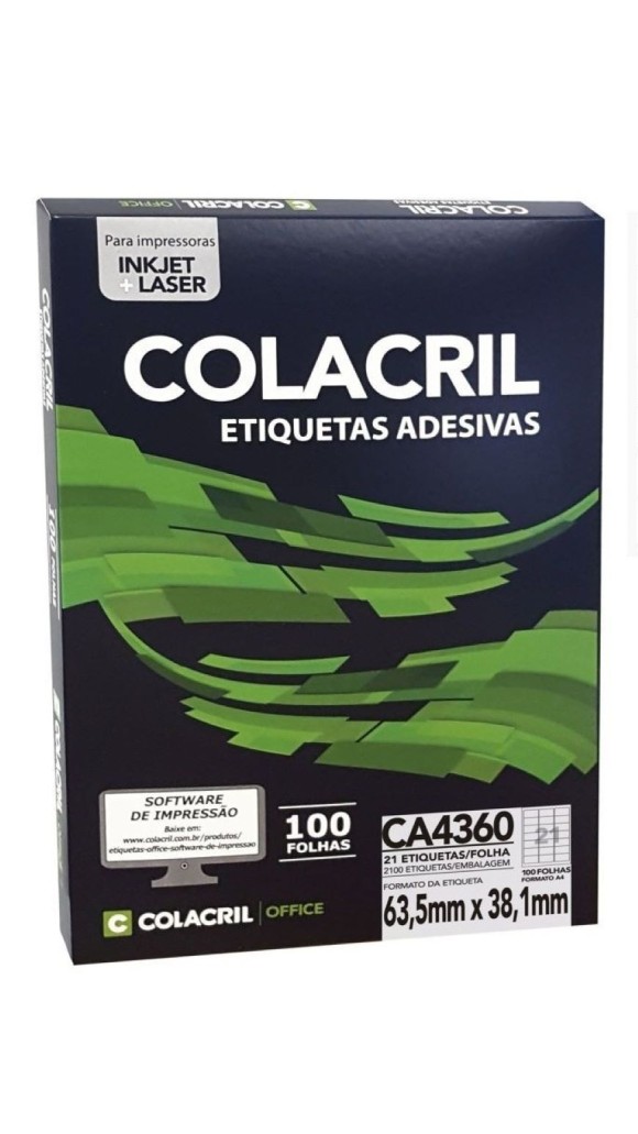 ETIQ.INK/LAS.A4 021 63,5X38,1 CA4360 CAIXA C/100F. COLACRIL