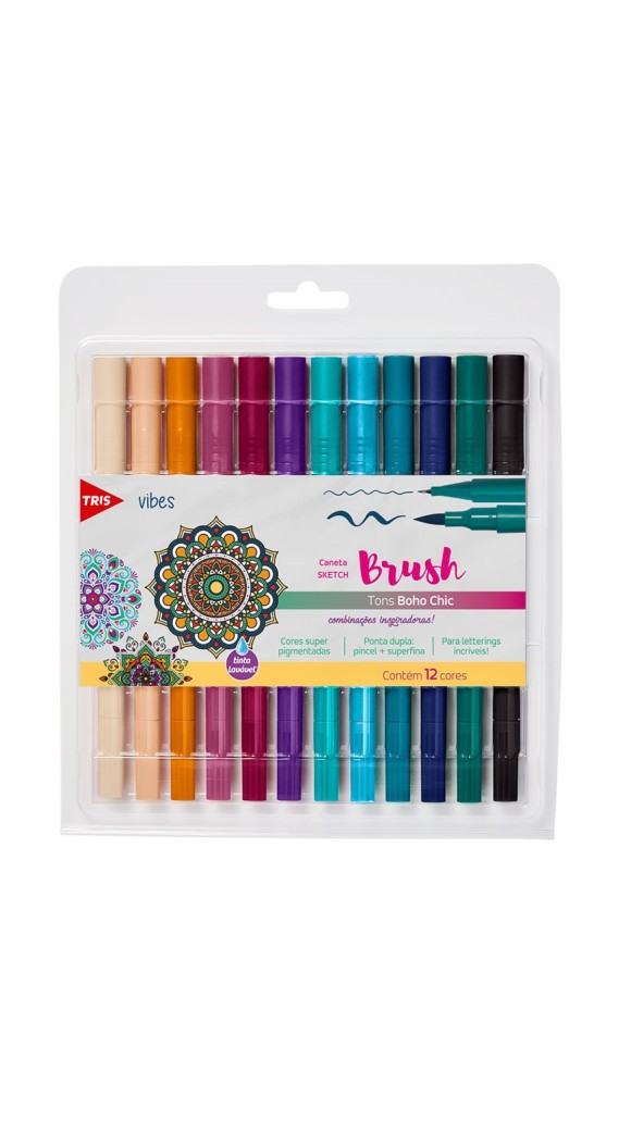 CANETA PINCEL SKETCH BRUSH PEN C/12 CORES TONS BOHO CHIC TRIS