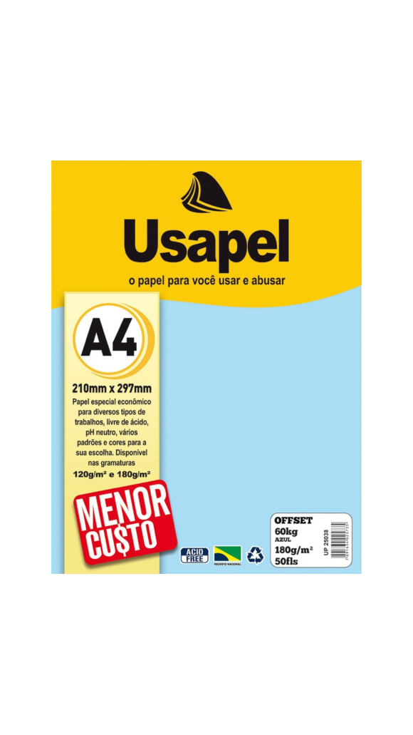 PAPEL IMP.USAPEL OFFSET 180G A4 PCT C/50 FLS USAPEL
