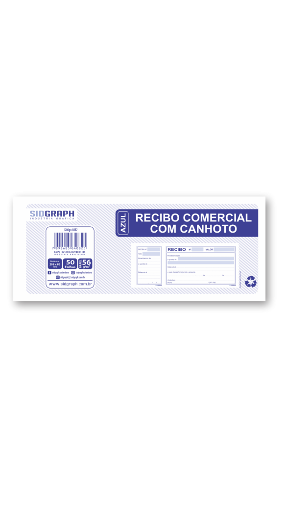 RECIBO COMERCIAL C/CANHOTO AZUL 208X86 50F.SIDGRAPH